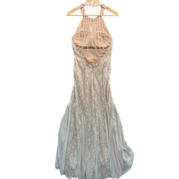 Jump Apparel Vintage Lace Halter Beaded Lattice Back Mermaid Prom Dress 3/4 - Picture 4 of 9